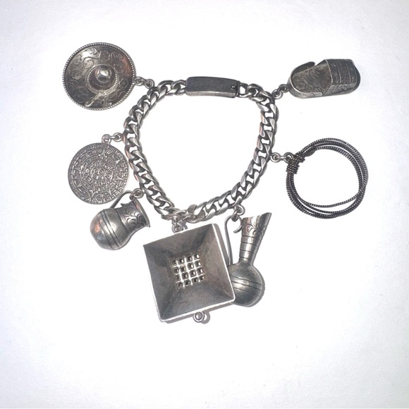 Vintage Mexican Sterling Silver Oversized Charm Bracelet with 7 charms